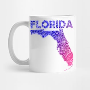 Colorful mandala art map of Florida with text in blue and violet Mug